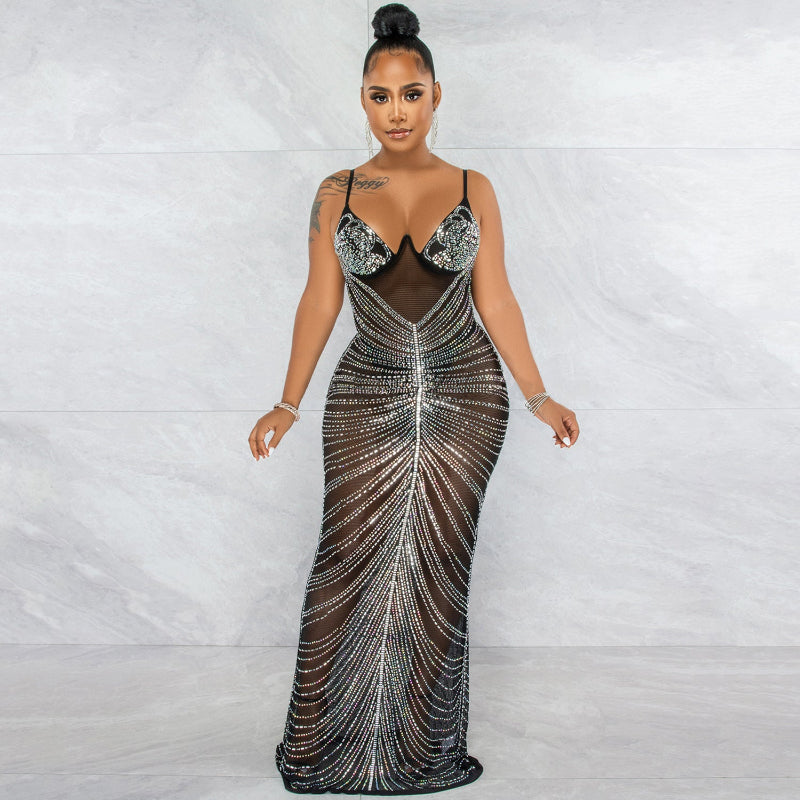 Beaded Strapless Sheer Mesh Maxi Dress - Black