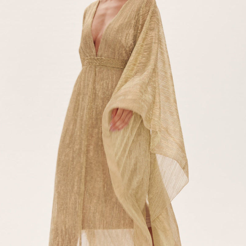 Champagne Pleated Dolman Sleeve Maxi Dress