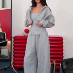 Grey Three-Piece Set With Hooded Jacket, Corset Top And Wide-Leg Pants