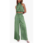Casual Sleeveless Midriff-baring Top And Wide Leg Pants 2pcs Set - light green