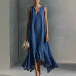 Sleeveless V-Neck Asymmetric Hem Maxi Dress - navy blue