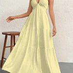 Backless Halterneck V-Neck Pleated A- Line Midi Dress - yellow