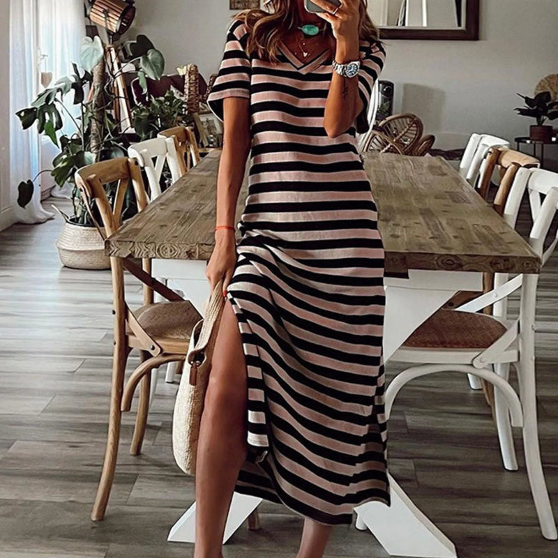 A collection of V-neck casual loose midi dresses with striped patterns and side slits, available in various colors.