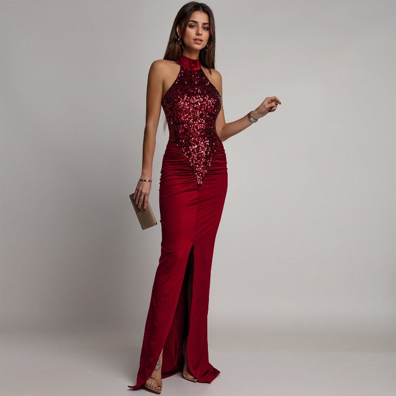 High-Fashion Feature: The Sequin Velvet Split Maxi Dress - burgundy
