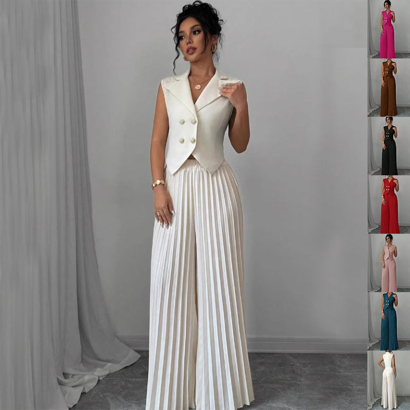Vest Top And Pleated Straight Pants Set - white