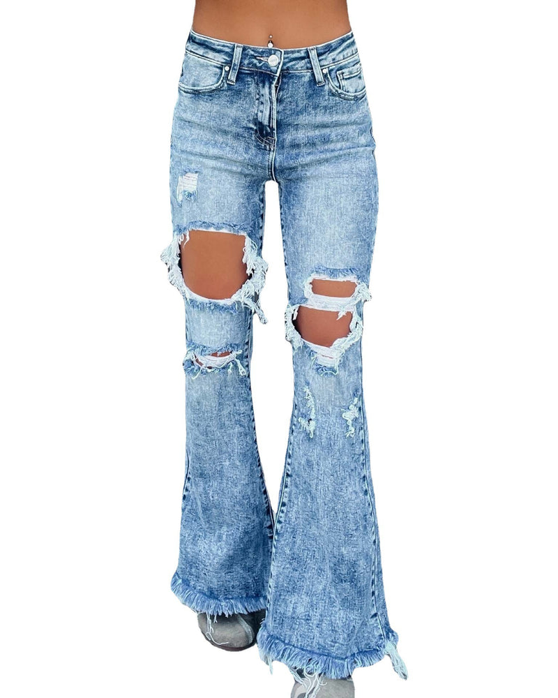 Distressed water washed micro flared jeans - runwayfashionista.com