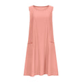 A sleeveless, mid-length A-line tank dress with a round neck.