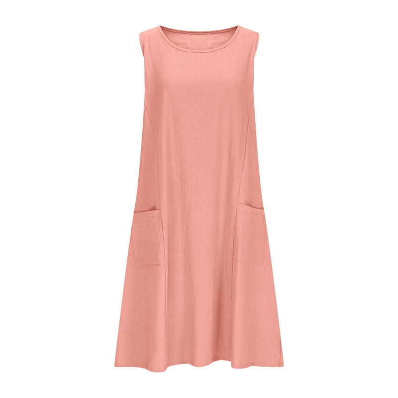 A sleeveless, mid-length A-line tank dress with a round neck.