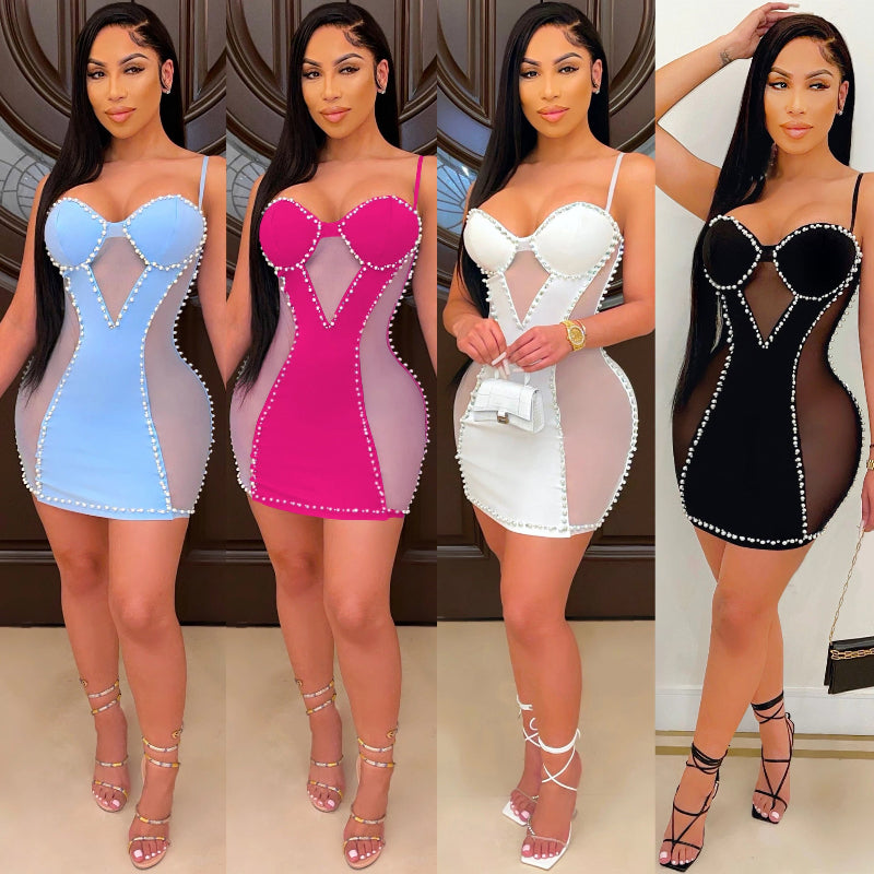 Small Strap Bodycon Sexy Mesh Mini Dress
