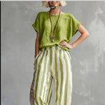 Round Neck Pullover T-Shirt And Striped Print Straight Leg Pants - green