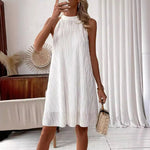 Textured Wave Halter Open-Back Trapeze Dress