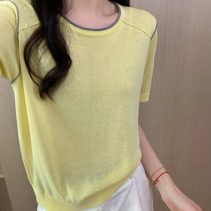 Round Neck Short Sleeve Silk Top