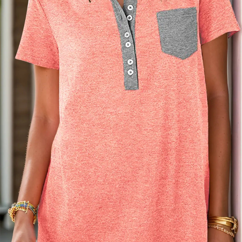 Half Button Short Sleeve T-Shirt - runwayfashionista.com