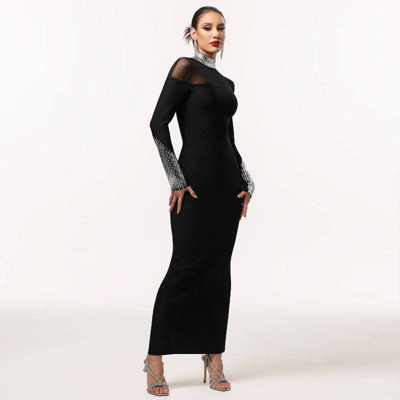 Elegant High Neck Long Sleeve Fitted Sequined Dress - black