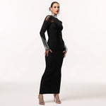 Elegant High Neck Long Sleeve Fitted Sequined Dress - black