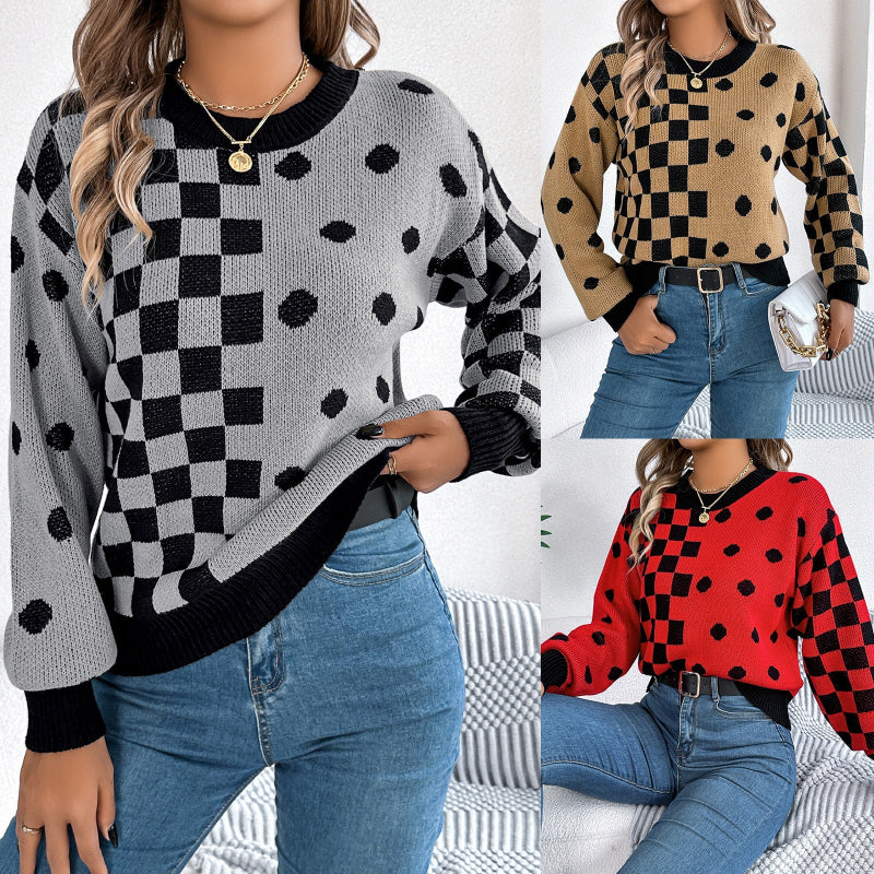 Casual Contrasting Polka Dot Lantern Sleeve Swetaer