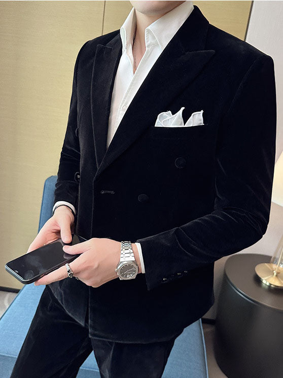 Peak Lapel Double-breasted Velvet Two-piece Suit - black