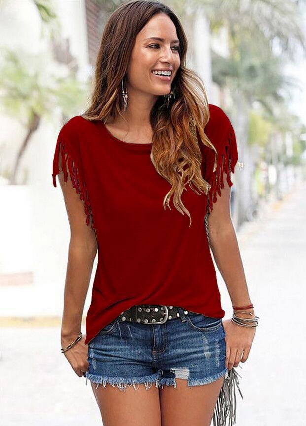 Round neck short sleeved tassel tie t-shirt top - runwayfashionista.com