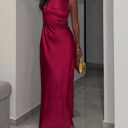 Burgundy Backless Satin Sleeveless Maxi Dress