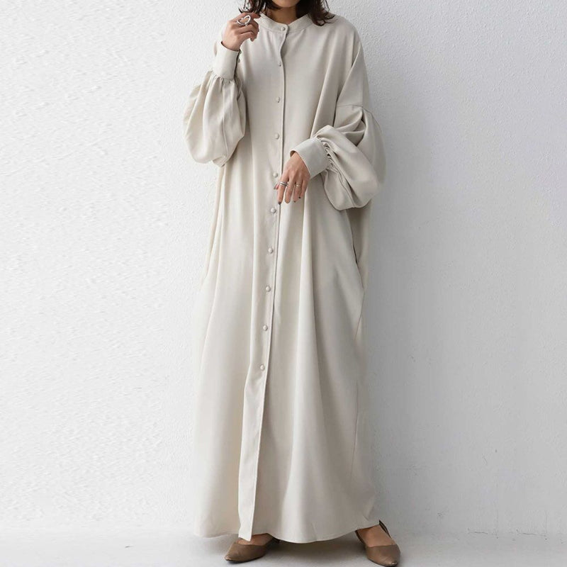 Black or apricot lantern sleeve single-breasted long dress made of chiffon with a solid color, round neck, puff long sleeves, and loose waist, available in one size.