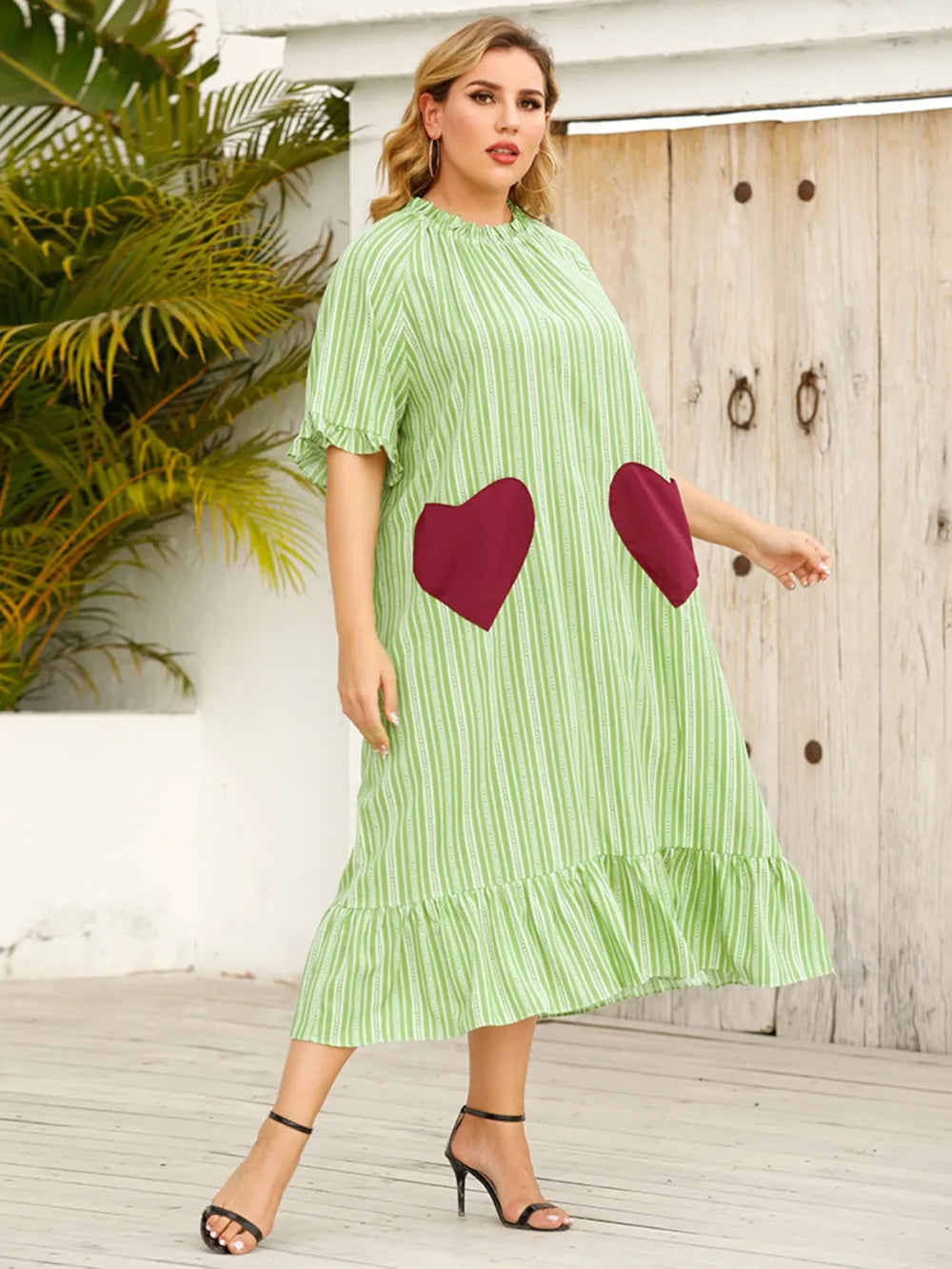 Plus Size Frill Heart Striped Half Sleeve Dress - Light Green - runwayfashionista.com