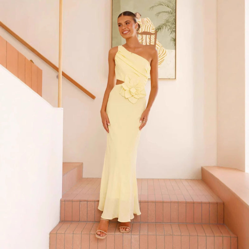 A fitted strapless midi dress in a solid color (red, yellow, or blue), designed for office wear, with a high waist.