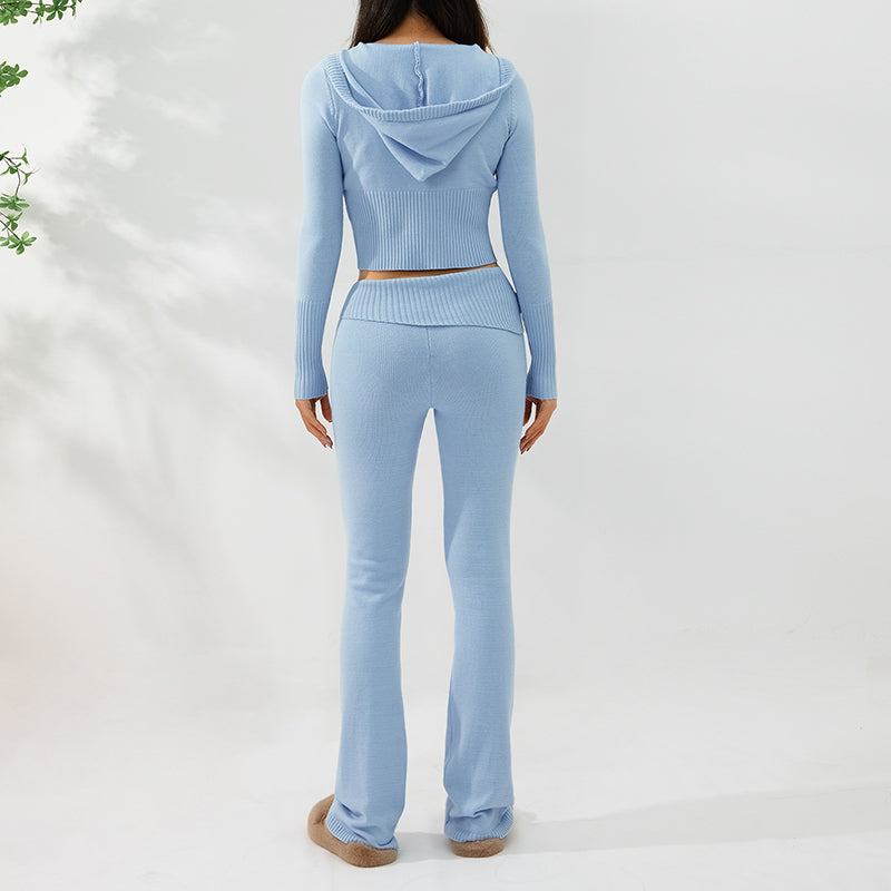 Sweater And High Waist Long Pants Set - light blue