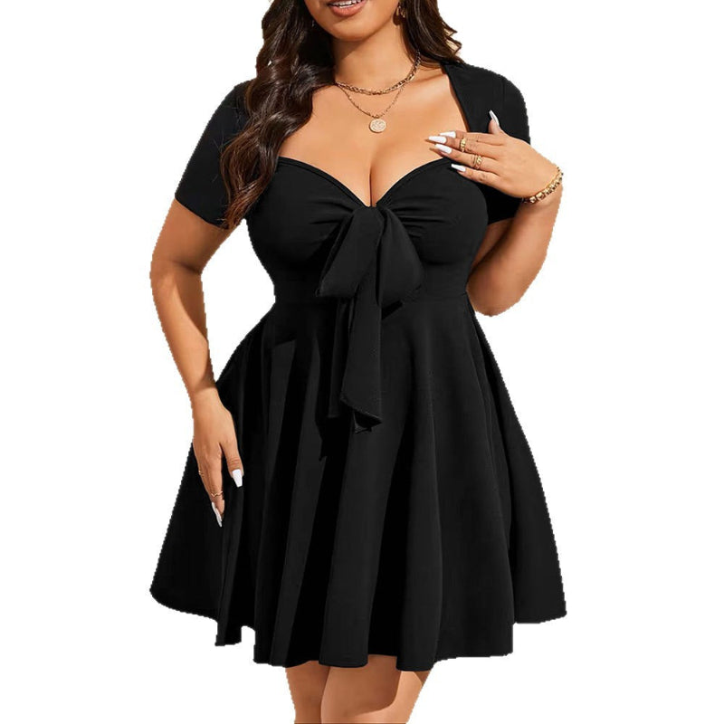 Black Tie Front Short Sleeve A-Line Mini Dress