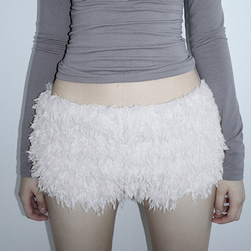 Comfy & Cute: White Low Waist Fuzzy Hot Pants for a Fresh, Sweet Style!