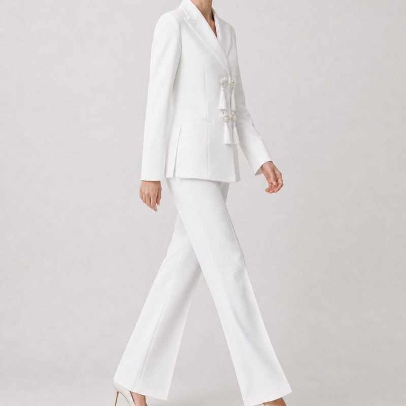 Knot Detail Blazer and Trouser Suit - white