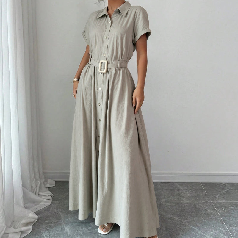 Short-Sleeve Shirt Waist-Cinched Maxi Dress