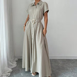 Short-Sleeve Shirt Waist-Cinched Maxi Dress