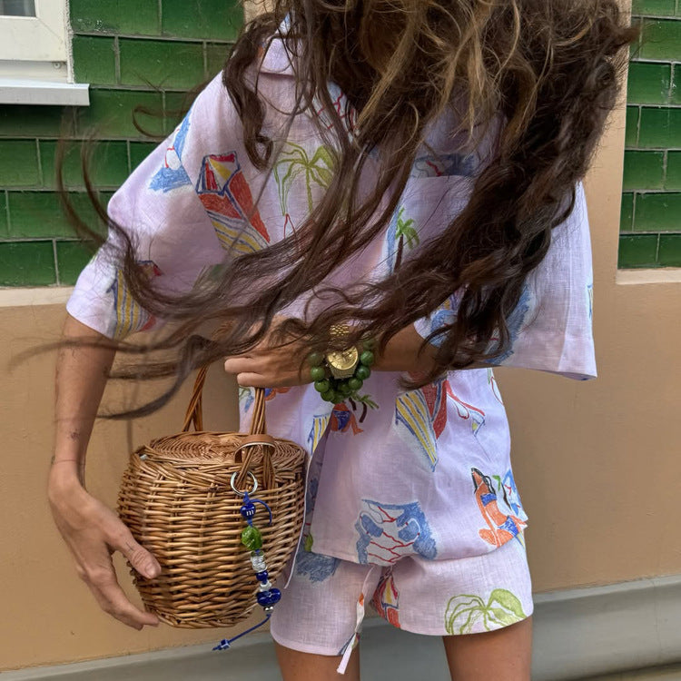 Tropical Print Linen Blend Shirt & Shorts Co-ord Set