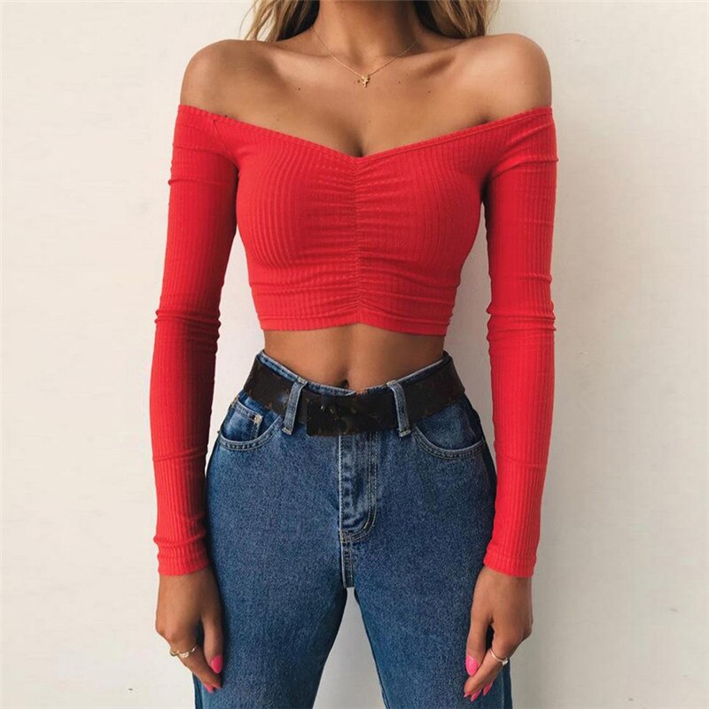 Long Sleeve Off Shoulder T-shirt - runwayfashionista.com