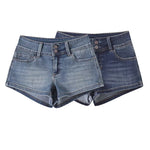 A pair of low-waisted, straight-leg dark blue denim shorts with front and back pockets and a zipper fly.