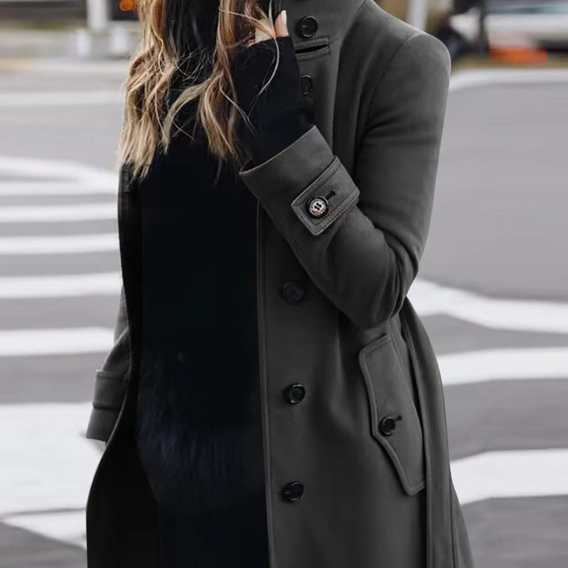 Single Breasted Stand Collar Woolen Coat - dark grey