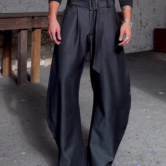 Chic Black Oversized Wide-Leg Pants With High-Waisted Belt