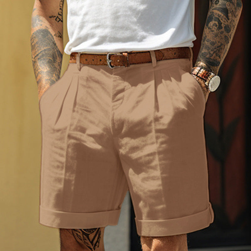 Pleated Linen Shorts with Turn-Up Hem - khaki