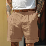 Pleated Linen Shorts with Turn-Up Hem - khaki
