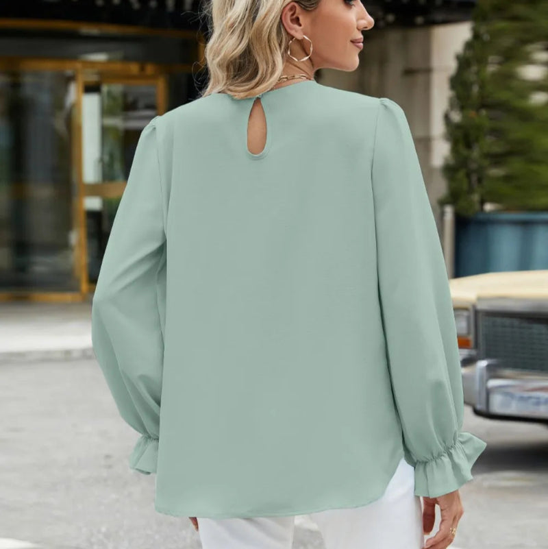 Round Neck Flounce Sleeve Top -runwayfashionista.com