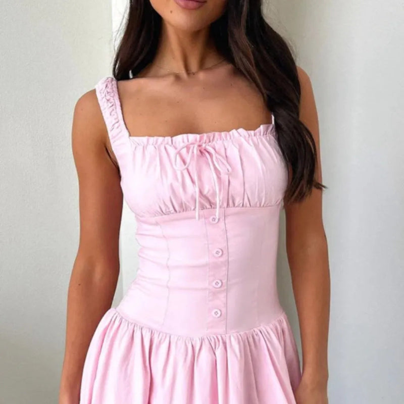 Decorative Button Square Neck Cami Dress - runwayfashionista.com
