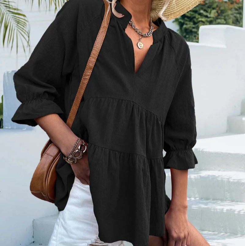 Ruffled Notched Three-Quarter Sleeve Blouse -runwayfashionista.com