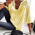 Romantic Sophistication: The U-Neck Hollow Out Lace Patchwork Top - yellow