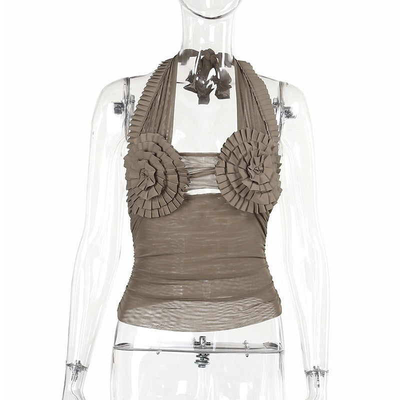 Mesh splicing hanging neck top