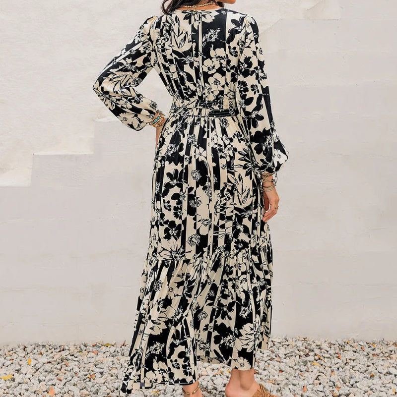 Smocked Printed Tie Neck Long Sleeve Dress -runwayfashionista.com