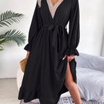 V-Neck Lace Waist Lotus Leaf Dress