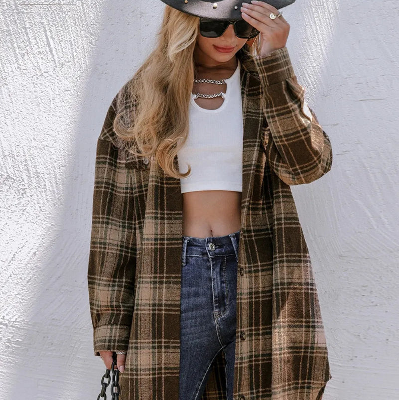 Plaid Button Up Long Sleeve Shacket - runwayfashionista.com