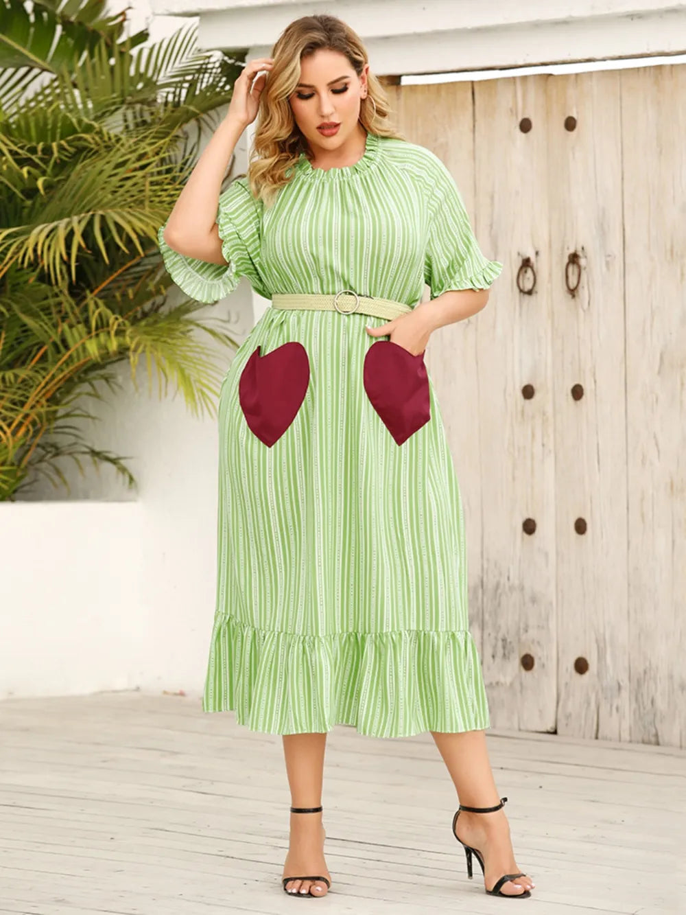 Plus Size Frill Heart Striped Half Sleeve Dress - Light Green - runwayfashionista.com
