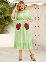 Plus Size Frill Heart Striped Half Sleeve Dress - Light Green - runwayfashionista.com