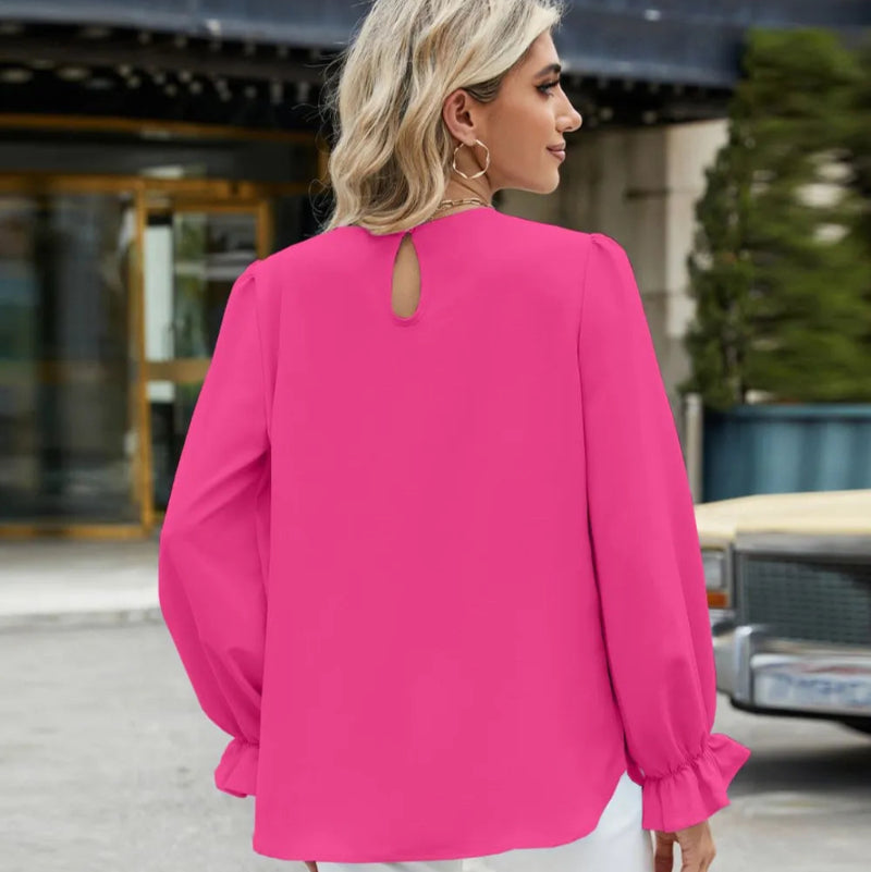 Round Neck Flounce Sleeve Top -runwayfashionista.com